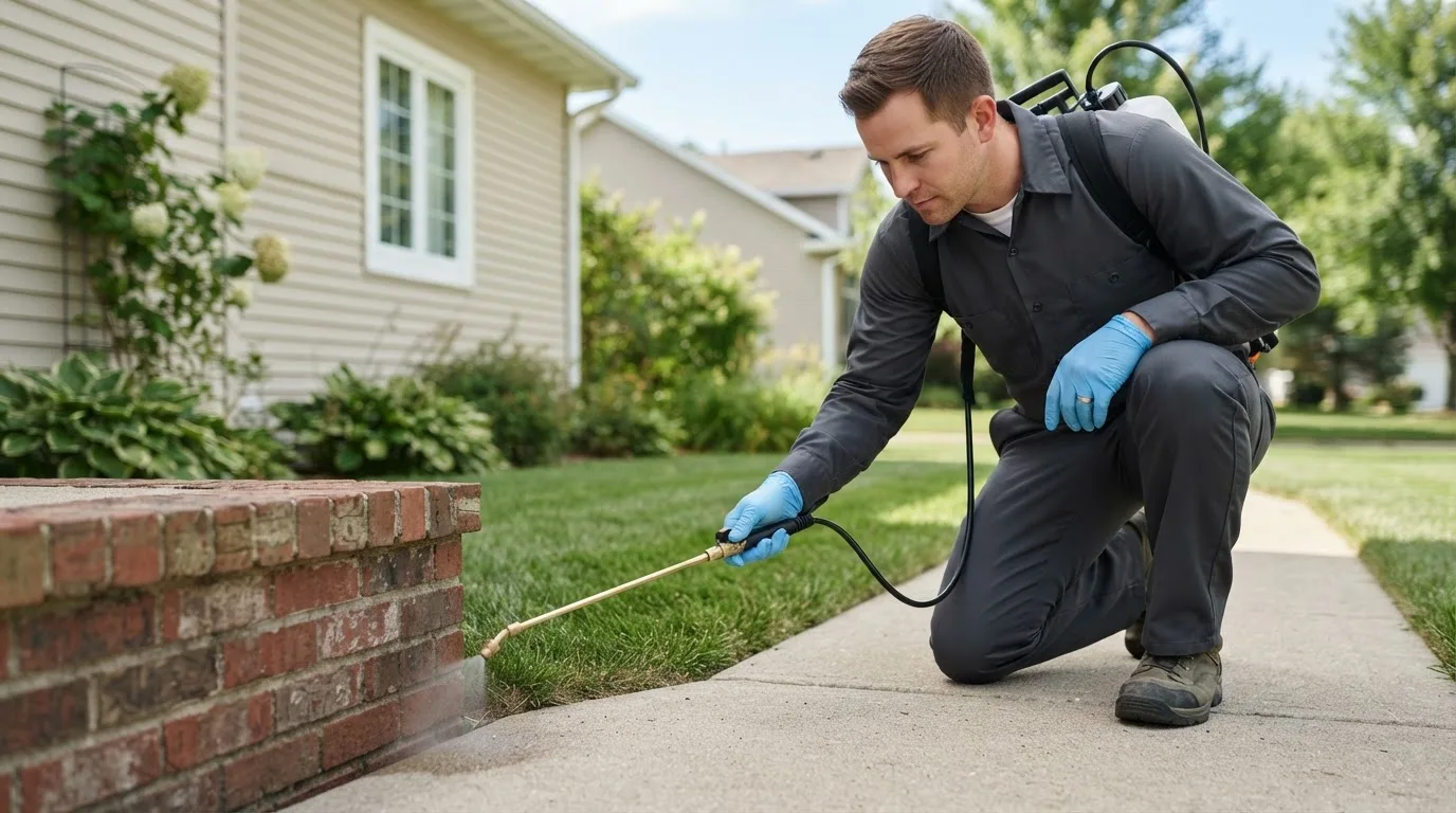 Pest control technician treating a home near Garnett, KS